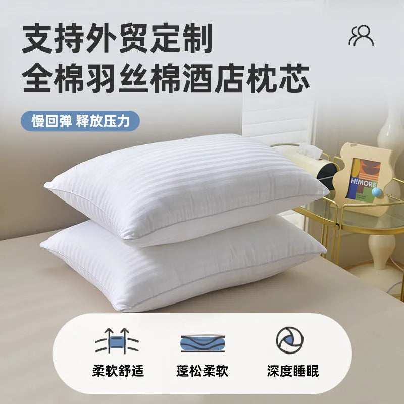 White hotel cotton satin stripe pillow with feather and cotton filling showing 2cm stripe detail