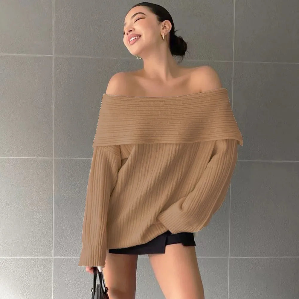 Women's loose fit acrylic pullover sweater in four colour options with long sleeves