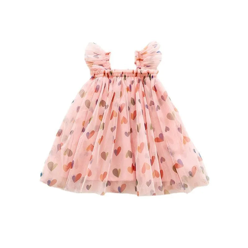 Girls summer dress with heart print mesh outer and cotton lining, pink or apricot, sizes 80cm to 130cm