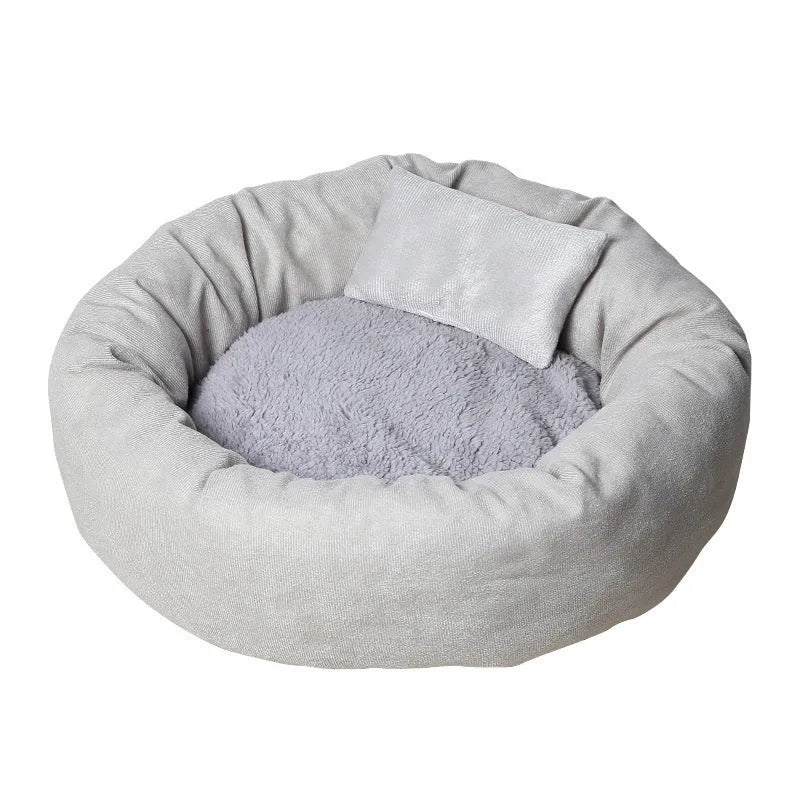 Soft grey and pink PP cotton filled dog beds in different sizes, some with an attached pillow.