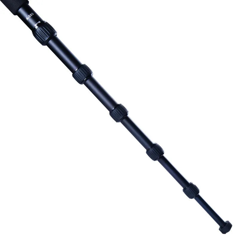 Manbily A-555 aluminium alloy camera monopod in black, extended to full height with three-prong stabiliser attached