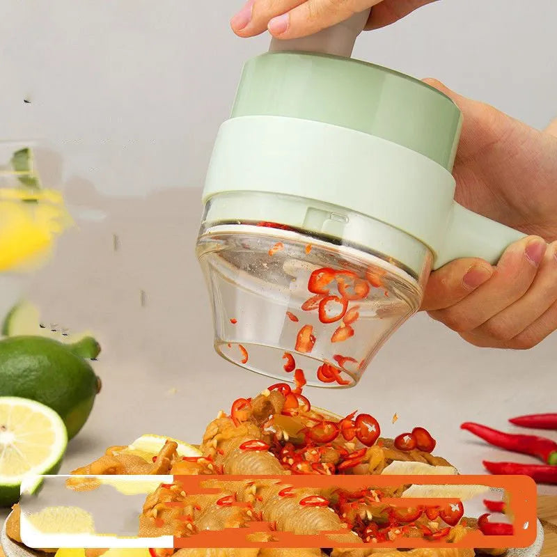 Household multifunctional wireless electric garlic masher with plastic body, slicer combo, and Type-C cable on white background