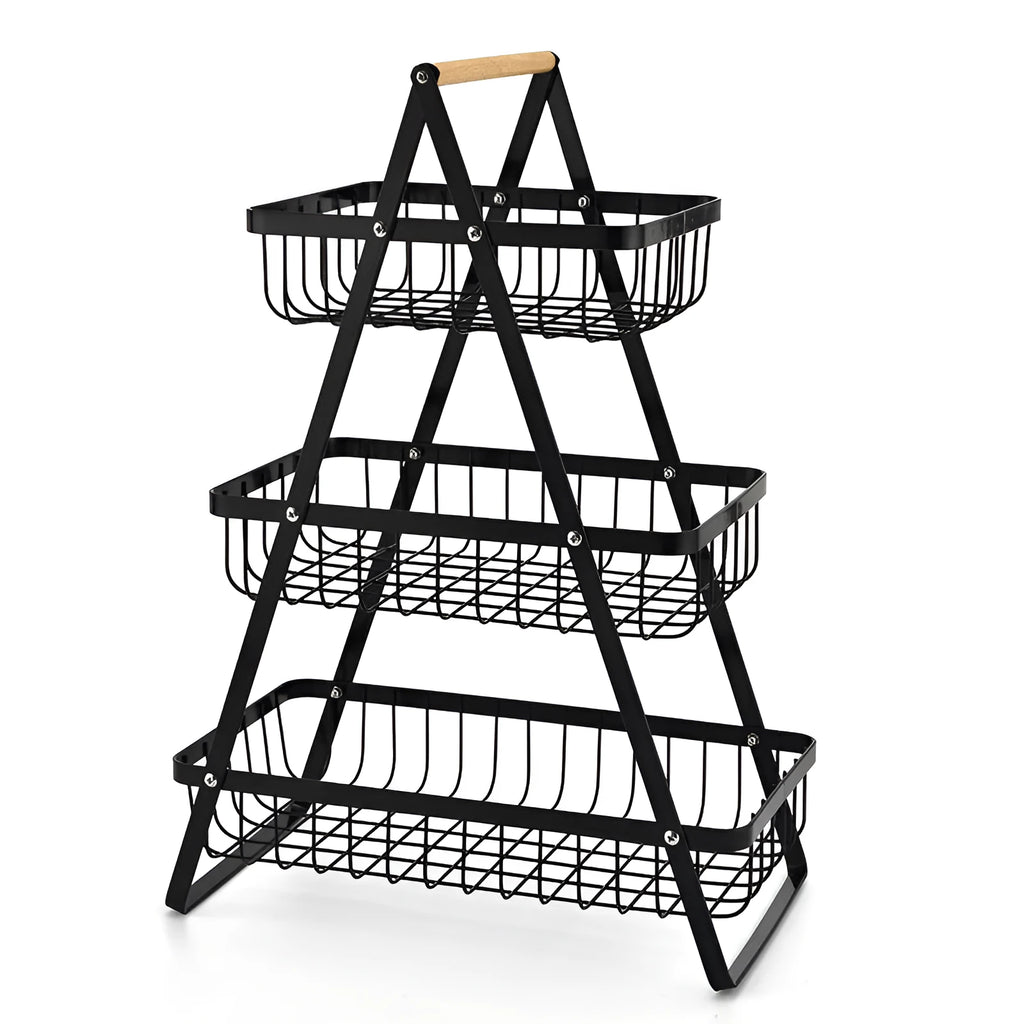 Black iron double-layer fruit basket with wooden handle, detachable for flexible storage