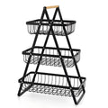 Black iron double-layer fruit basket with wooden handle, detachable for flexible storage