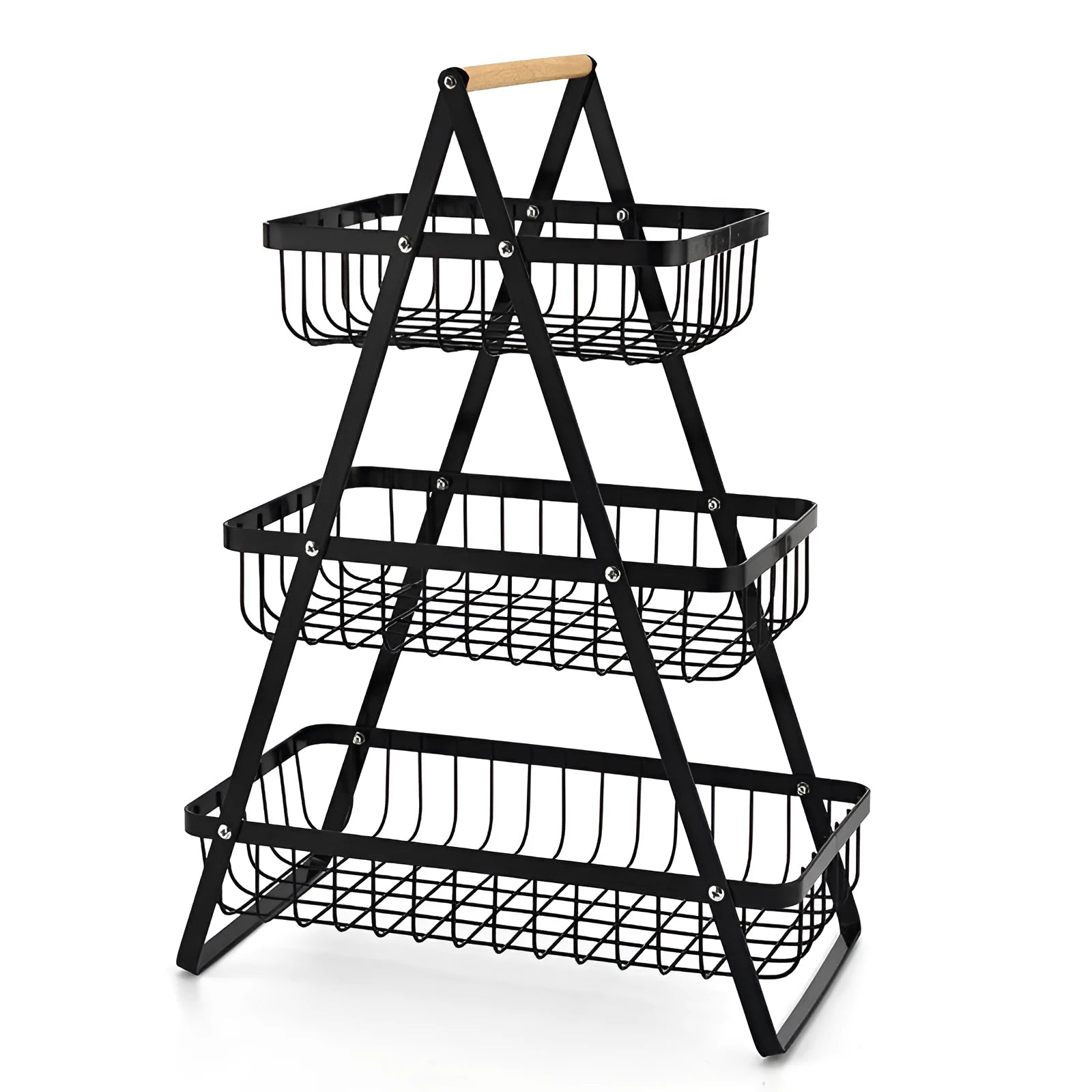 Black iron double-layer fruit basket with wooden handle, detachable for flexible storage
