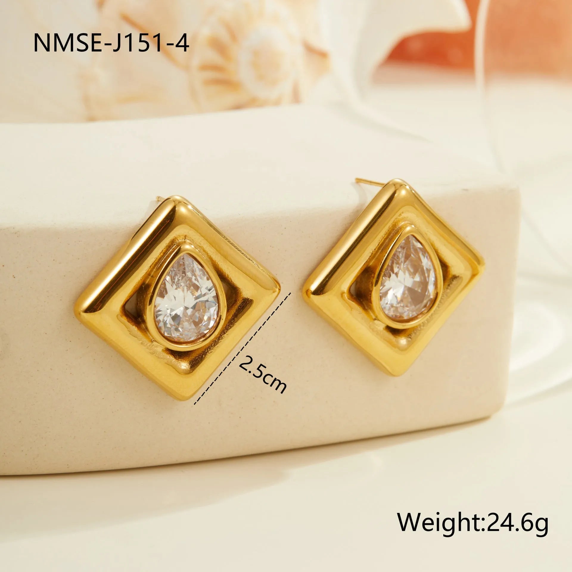 Geometric gold electroplated stud earrings with inlaid water drop zircon stones