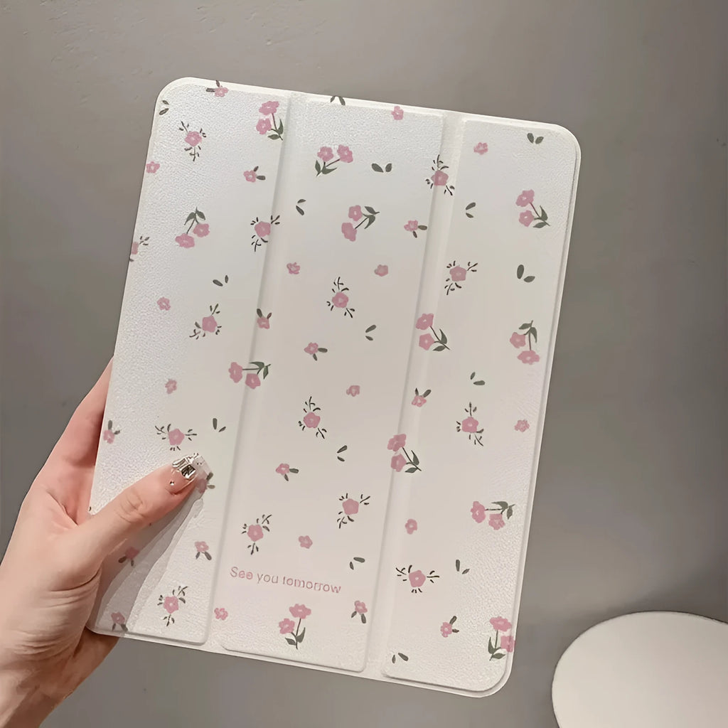 Transparent floral tri-fold tablet case for iPad showing magnetic stand position