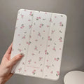 Transparent floral tri-fold tablet case for iPad showing magnetic stand position