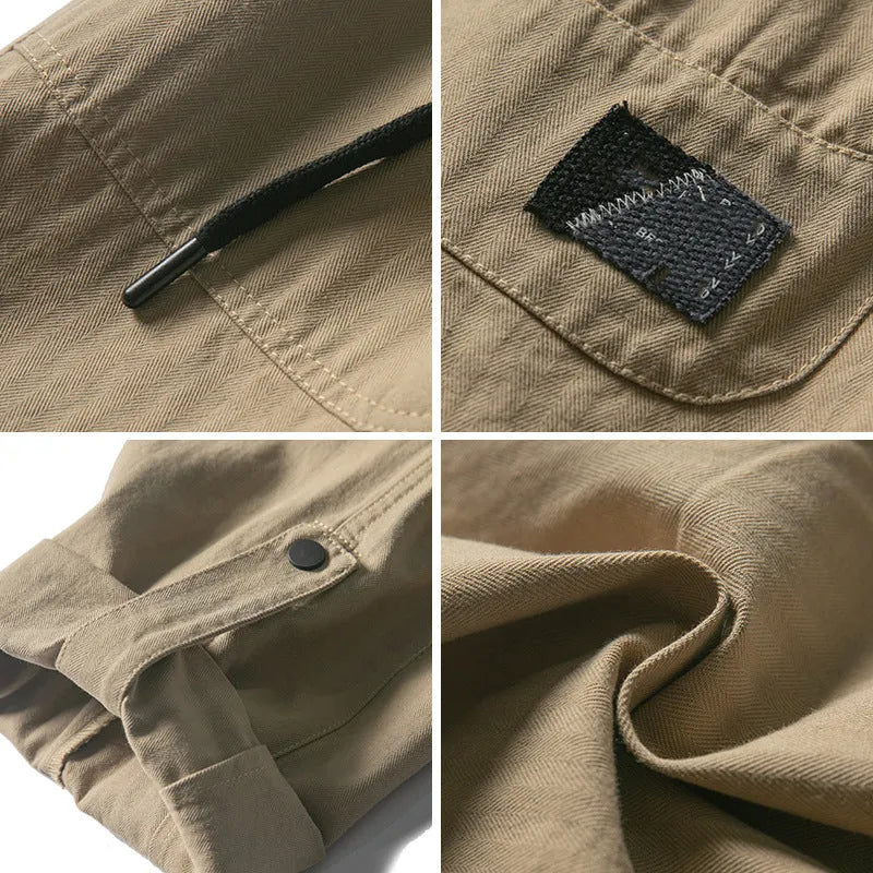 Men's loose straight patchwork casual pants in Khaki colour, wrinkle-free twill fabric with drawstring closure