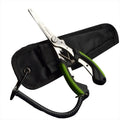 Straight mouth fishing pliers with hook tool, red ABS plastic handle, on a nylon bag with strap.