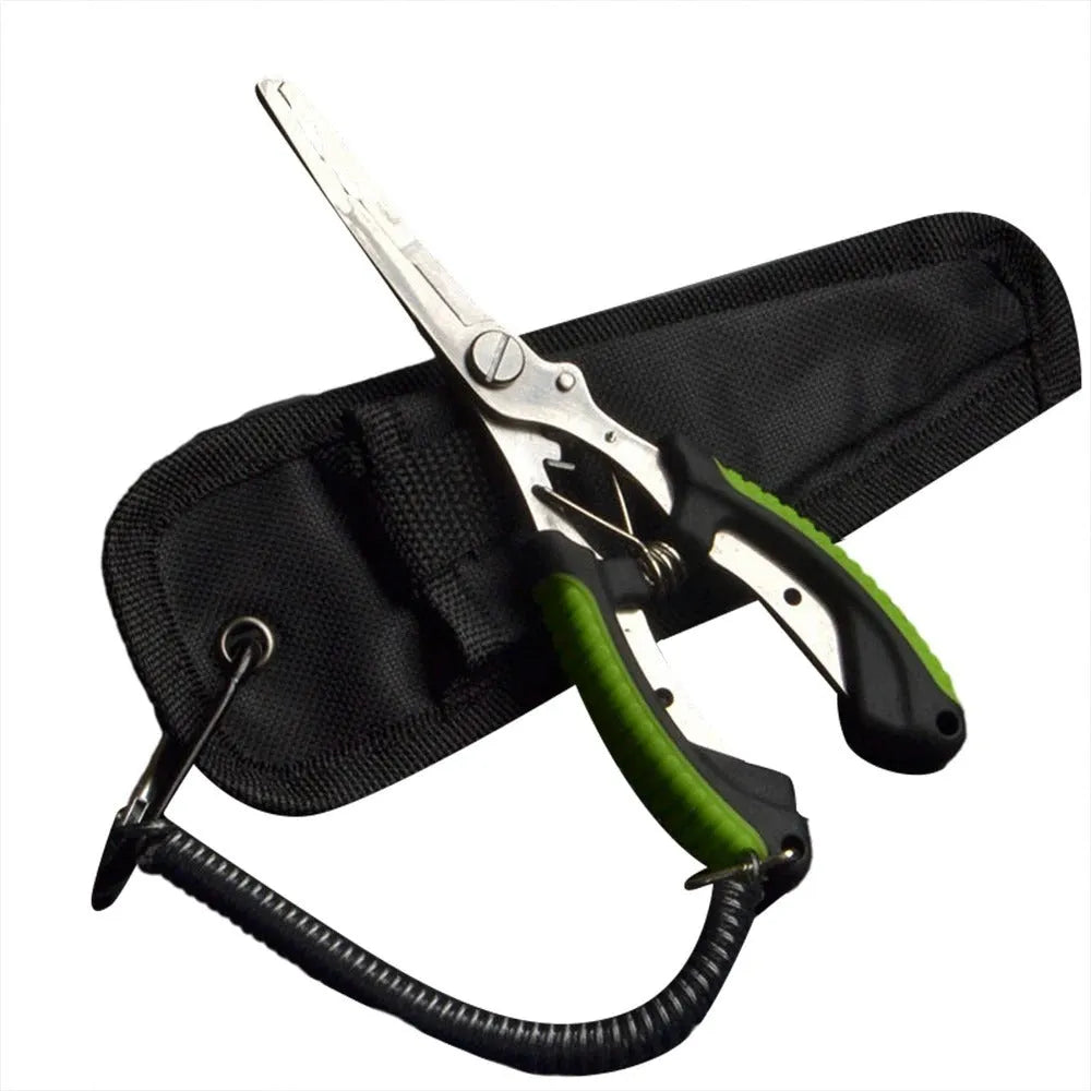 Straight mouth fishing pliers with hook tool, red ABS plastic handle, on a nylon bag with strap.