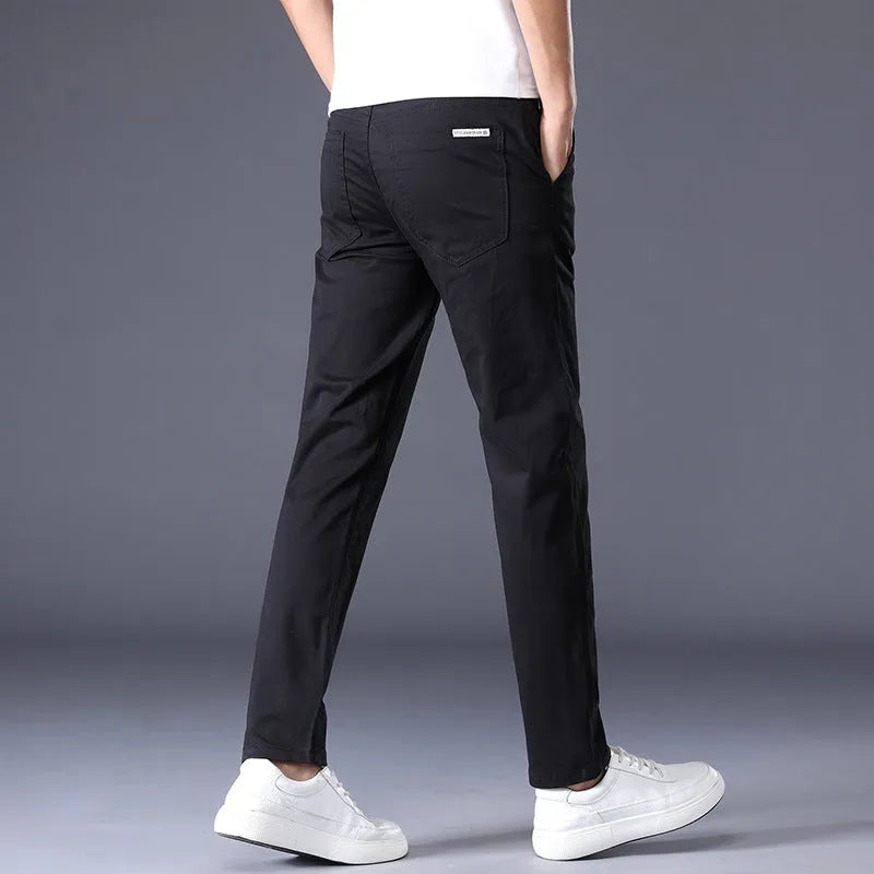 Men's solid color casual trousers, straight leg, mid waist, cotton, micro elasticity, available in multiple colors