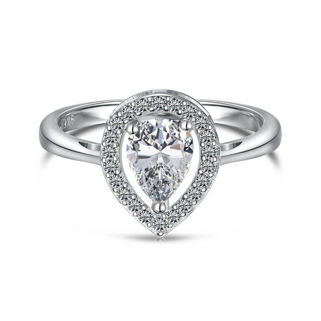 S925 sterling silver ring with drop-shaped diamond zircon stone in light luxury style, available in UK sizes No 5 to No 9