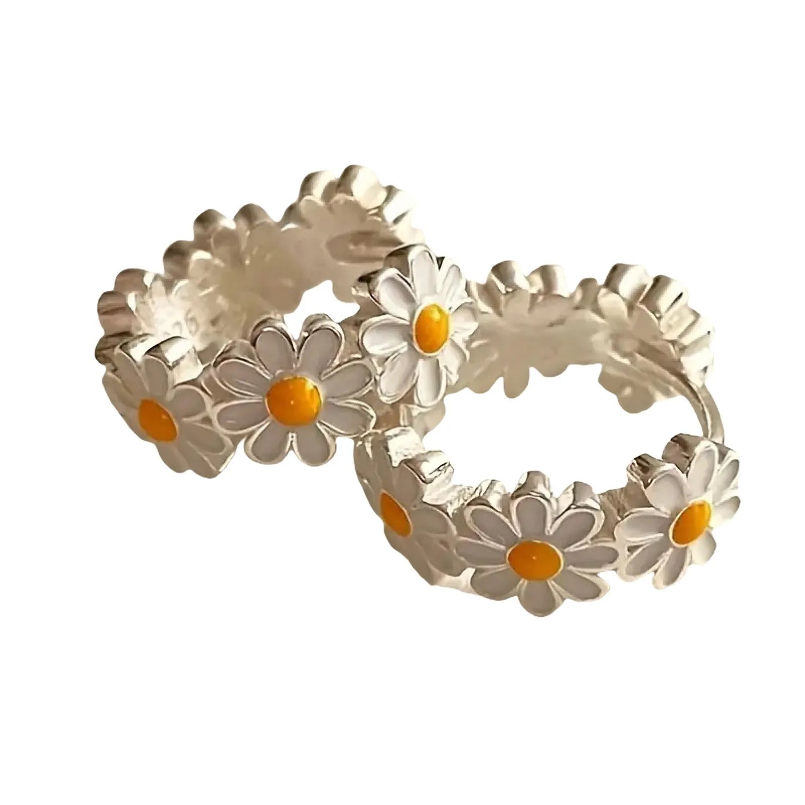 White daisy flower ring earrings with platinum gem inlay on copper electroplated construction