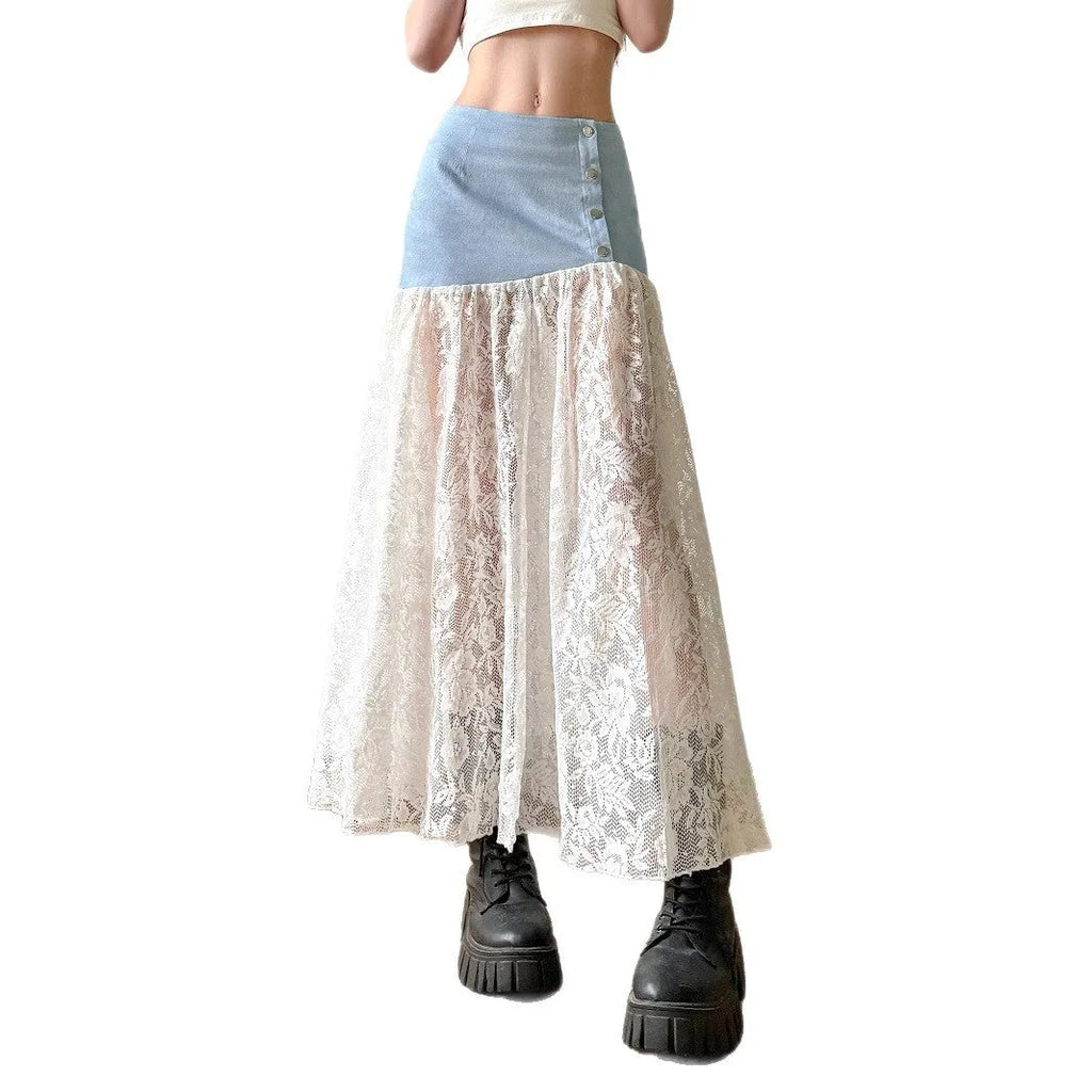 French style light blue denim A-line dress with lace stitching, low waist and breasted front, long skirt.