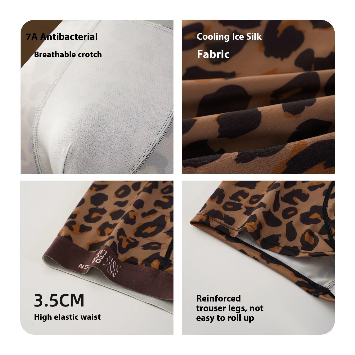 Men's leopard print ice silk underwear pants laid flat, showing mid-waist design and knitted polyester fabric.