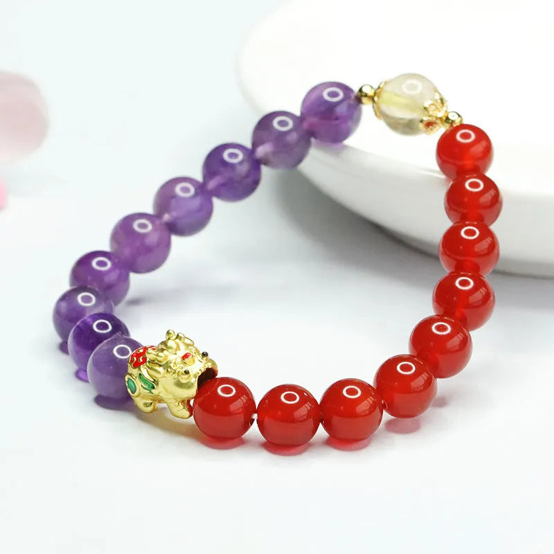 Chinese style women's bracelet with natural amethyst crystals and red agate stones, 8mm bead diameter