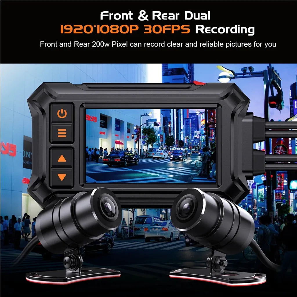 Motorcycle dual lens tachograph DVR with GPS module, ACC power cable, and handlebar controller.