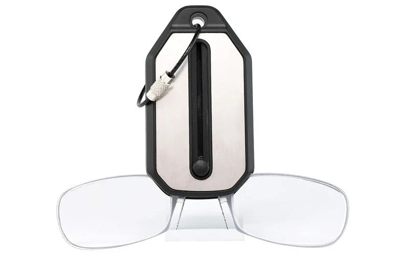 Compact magnetic reading glasses with rimless frames and adjustable nose clip