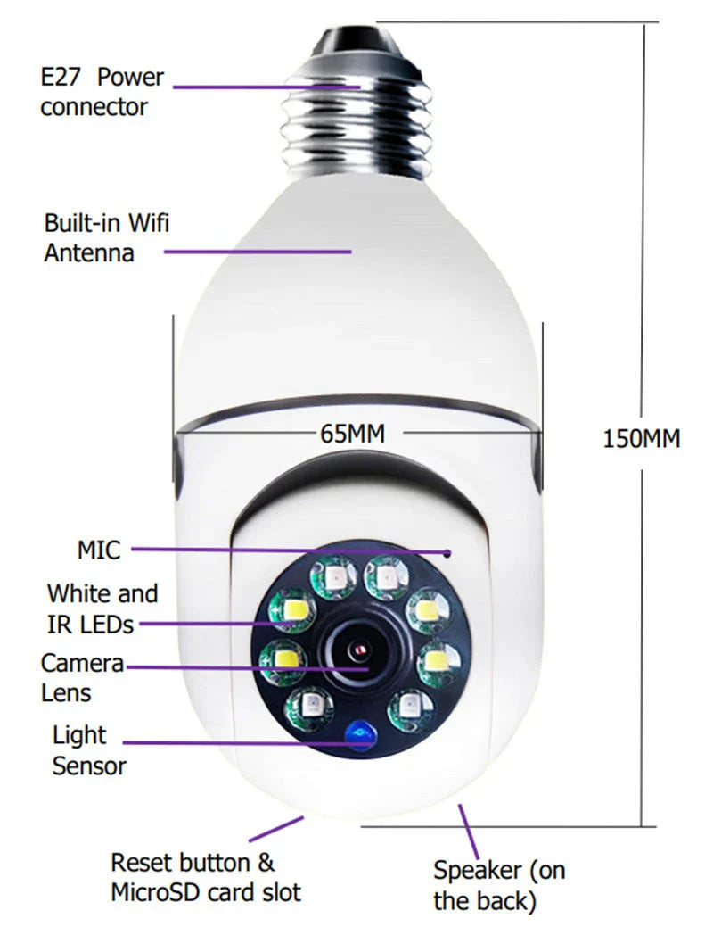 Alexa-enabled 1080P WiFi bulb camera with smooth pan and tilt, night vision, and voice control features