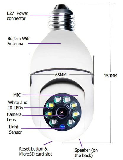 Alexa-enabled 1080P WiFi bulb camera with smooth pan and tilt, night vision, and voice control features