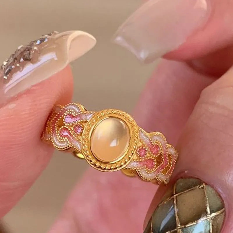 Pink crystal enamel open mouth ring with geometry shape design on copper gold plating