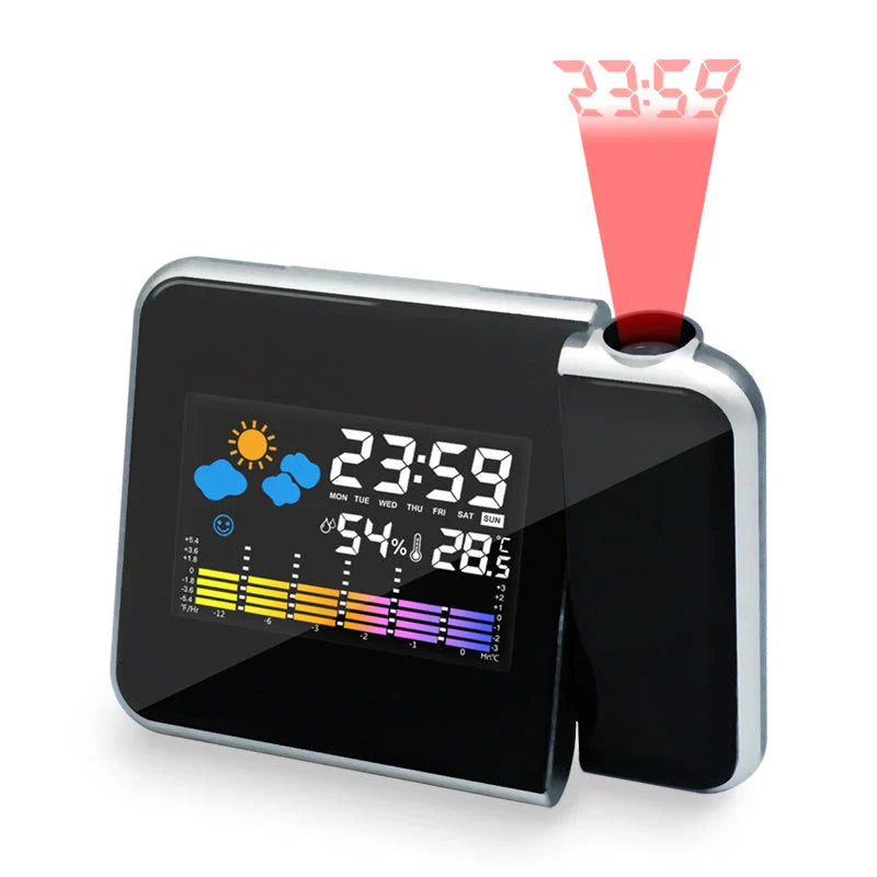 Digital alarm clock with projection, temperature, and humidity display for easy viewing