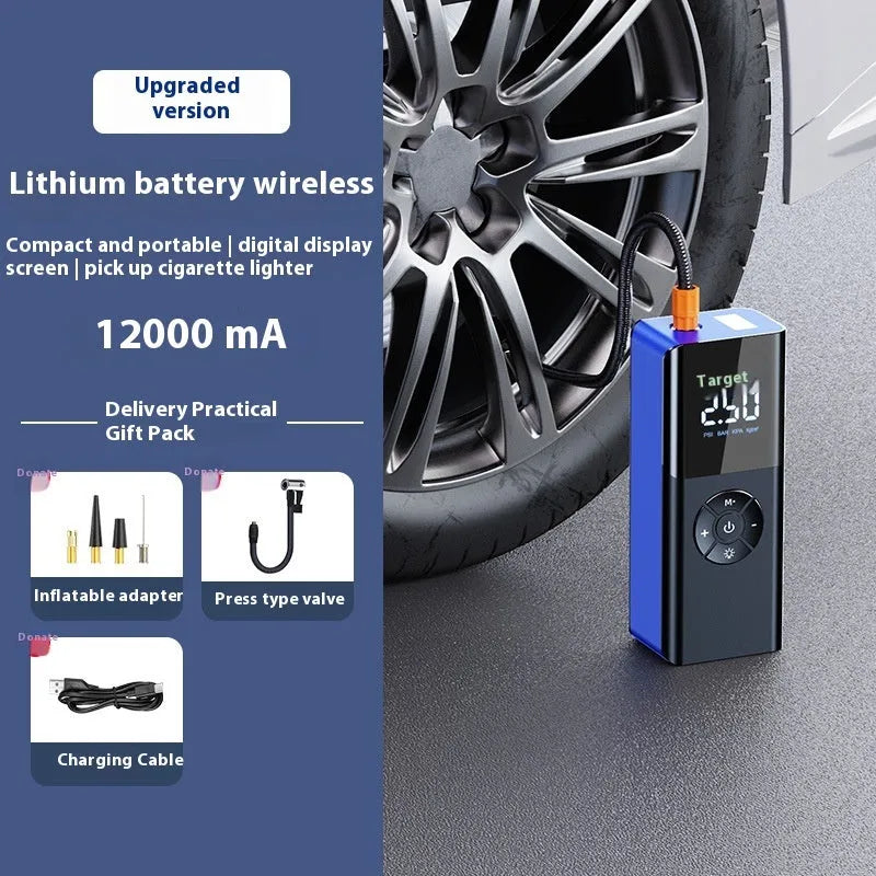 Blue wireless portable car tyre inflator with digital display and warning light