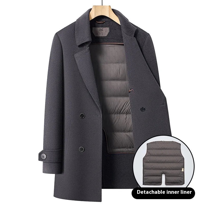 Men's mid-length double-sided wool overcoat with suit collar, rabbit fur, side seam pockets, brown dark grey black