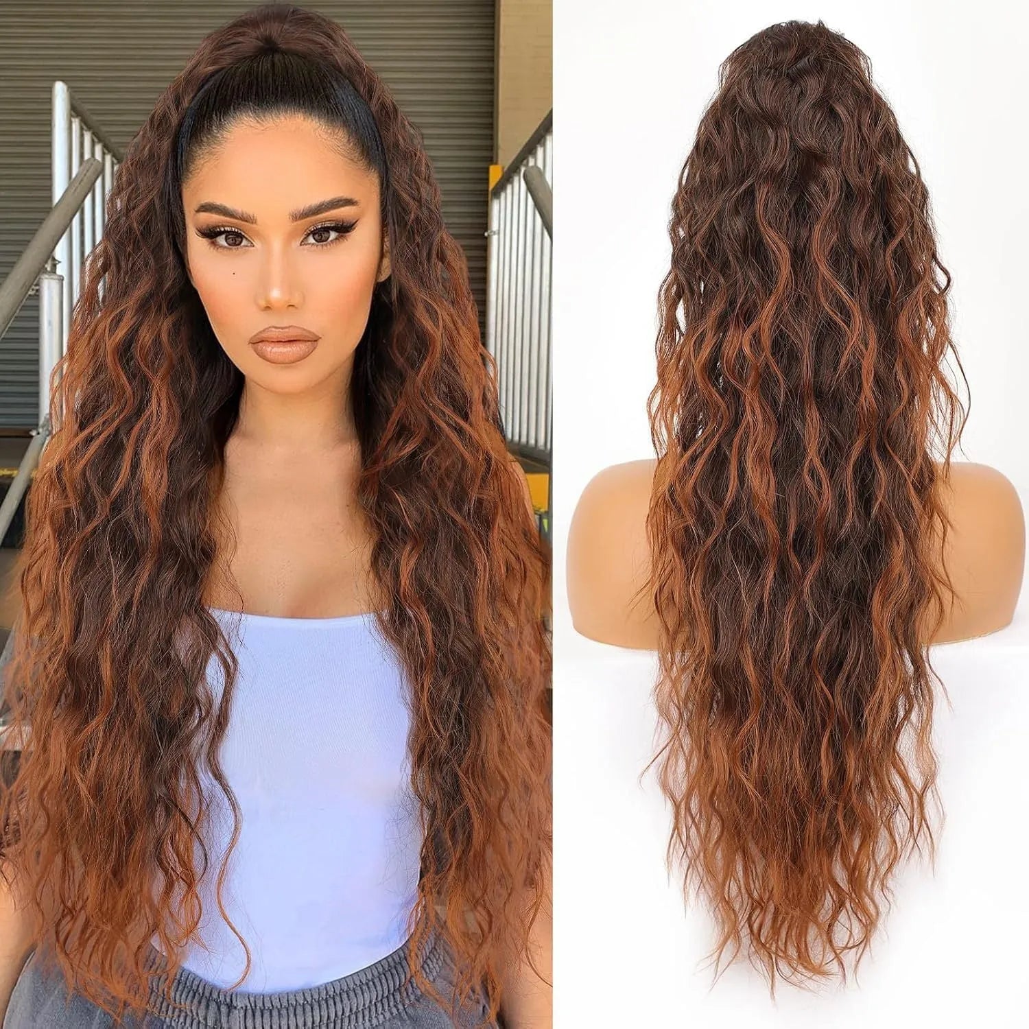 Long curly ponytail wig with grip band in synthetic high-temperature fibre