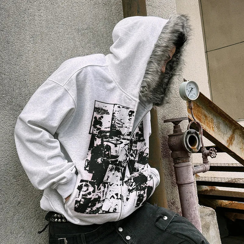 Men's printed long fur collar hood zipper cardigan sweater coat in black, white and grey, slim fit, sizes S to XXXL