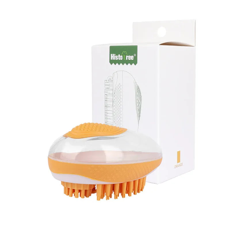 2-in-1 pet bath brush with soft silicone bristles and non-slip grip, in green, for grooming dogs and cats