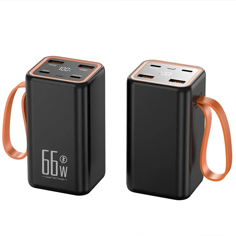 Black and white 20000mAh fast charge power bank measuring 95x52x47.5mm