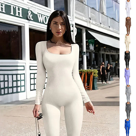 Women's stylish yoga jumpsuit with square neckline and long sleeves, available in a variety of colors.