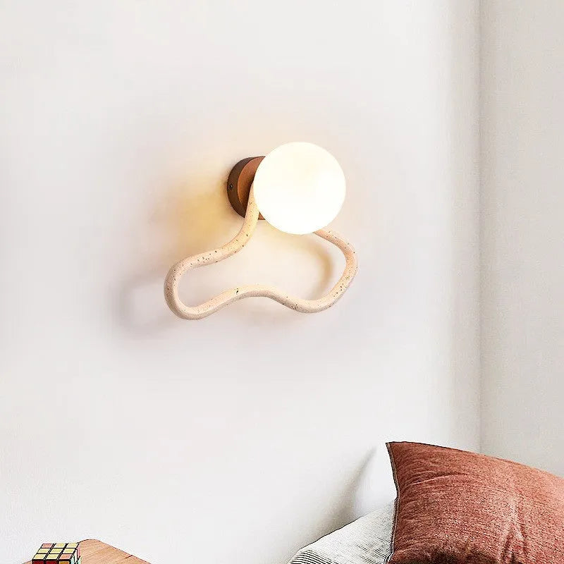 Middle Ancient cream style bedroom wall lamp with white travertine glass lampshade and solid wood base