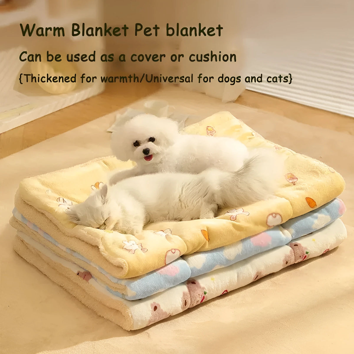 Soft warm pet quilt in flannel and lamb's wool, thickened and washable, shown as a cover or mat for cats and dogs.