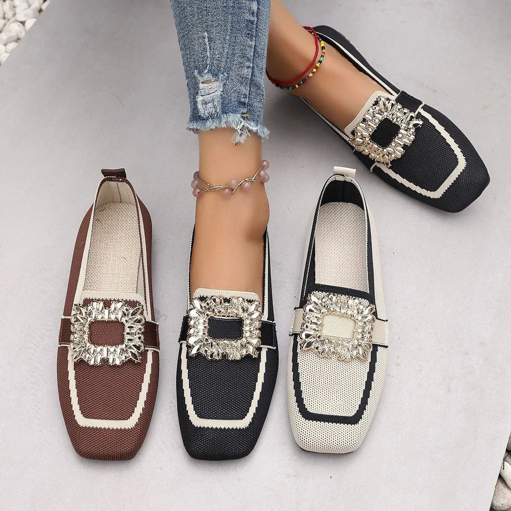 Flyknit slip-on square toe rhinestone flat shoes for women in plus sizes low heel 1-3cm