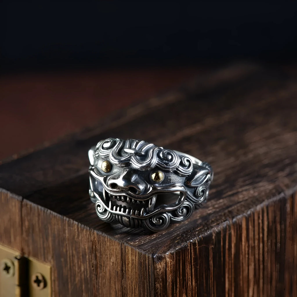 Sterling silver Jibeast zodiac diamond open ring showing adjustable design and animal modelling detail