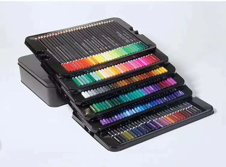 Wooden oil-based coloured pencils in a metal tin, showing vibrant rainbow colours suitable for brush painting.
