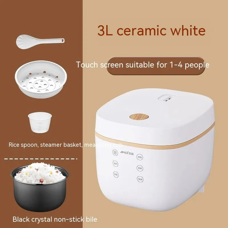 White intelligent multi-function rice cooker with 3L capacity and black inner pot on kitchen counter