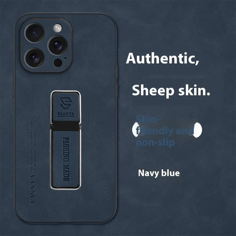 Magnetic bracket sheepskin protective cover for Apple iPhone, all-inclusive shockproof case with kickstand in black
