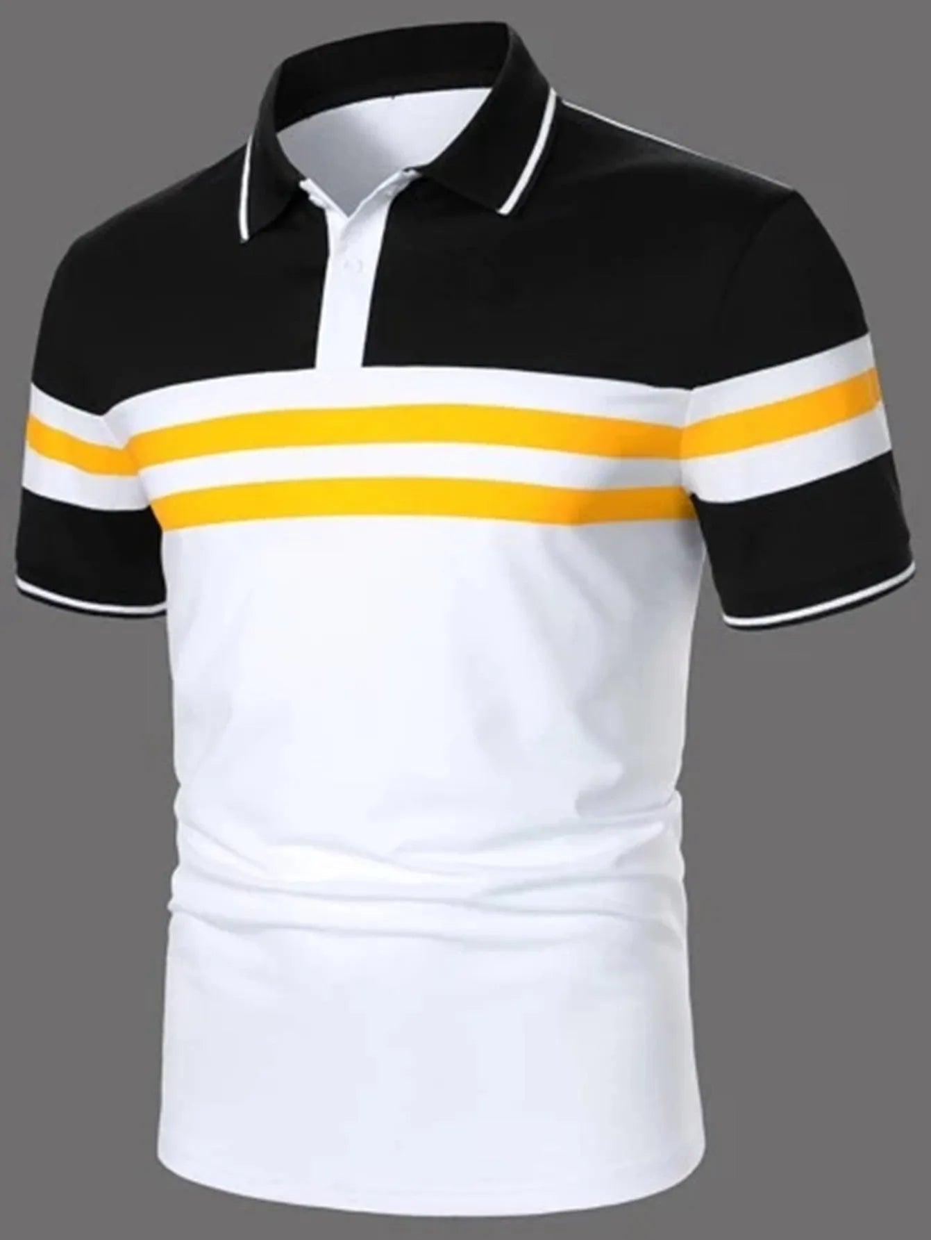 Men's striped white short sleeve button polo shirt with slim fit and side slits