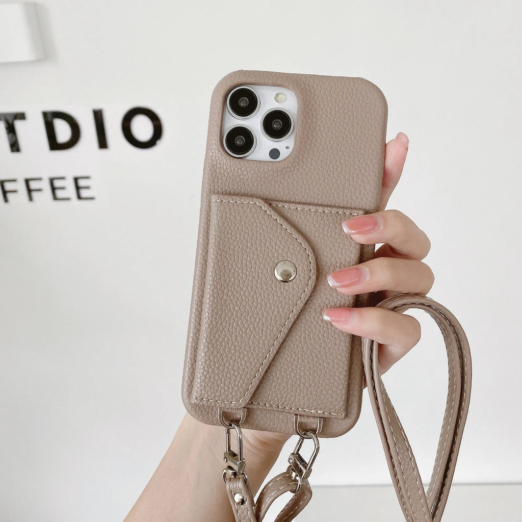Crossbody phone case with card holder and lanyard for iPhone, lychee pattern PC leather, multiple colours