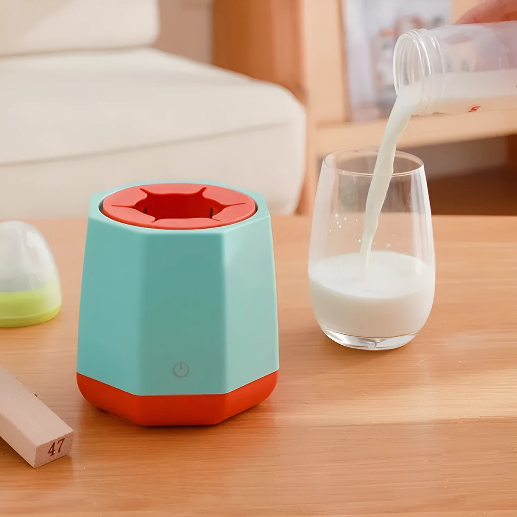 White baby electric milk shaker with green silicone slot holding a round baby bottle, 110x110x110mm