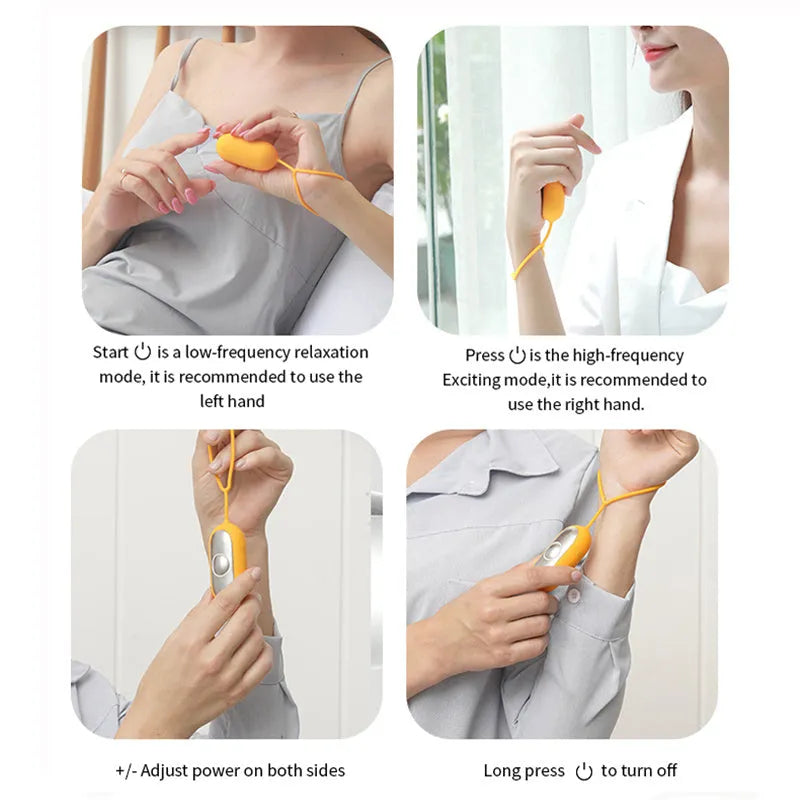 Handheld micro-current sleep aid device in grey, green, or orange colour with USB charging cable.