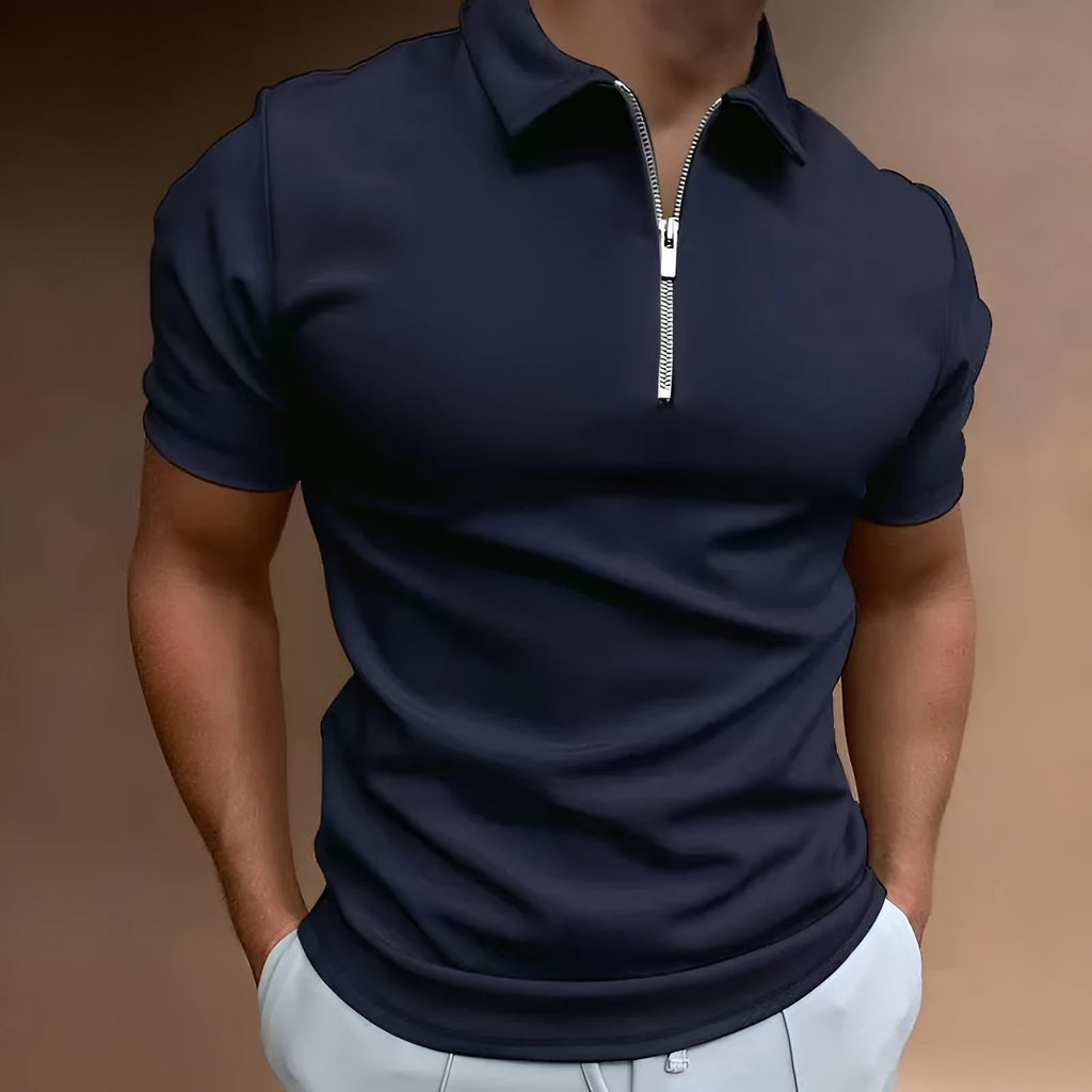 Man wearing a loose-fit navy blue polyester polo shirt for casual leisure wear