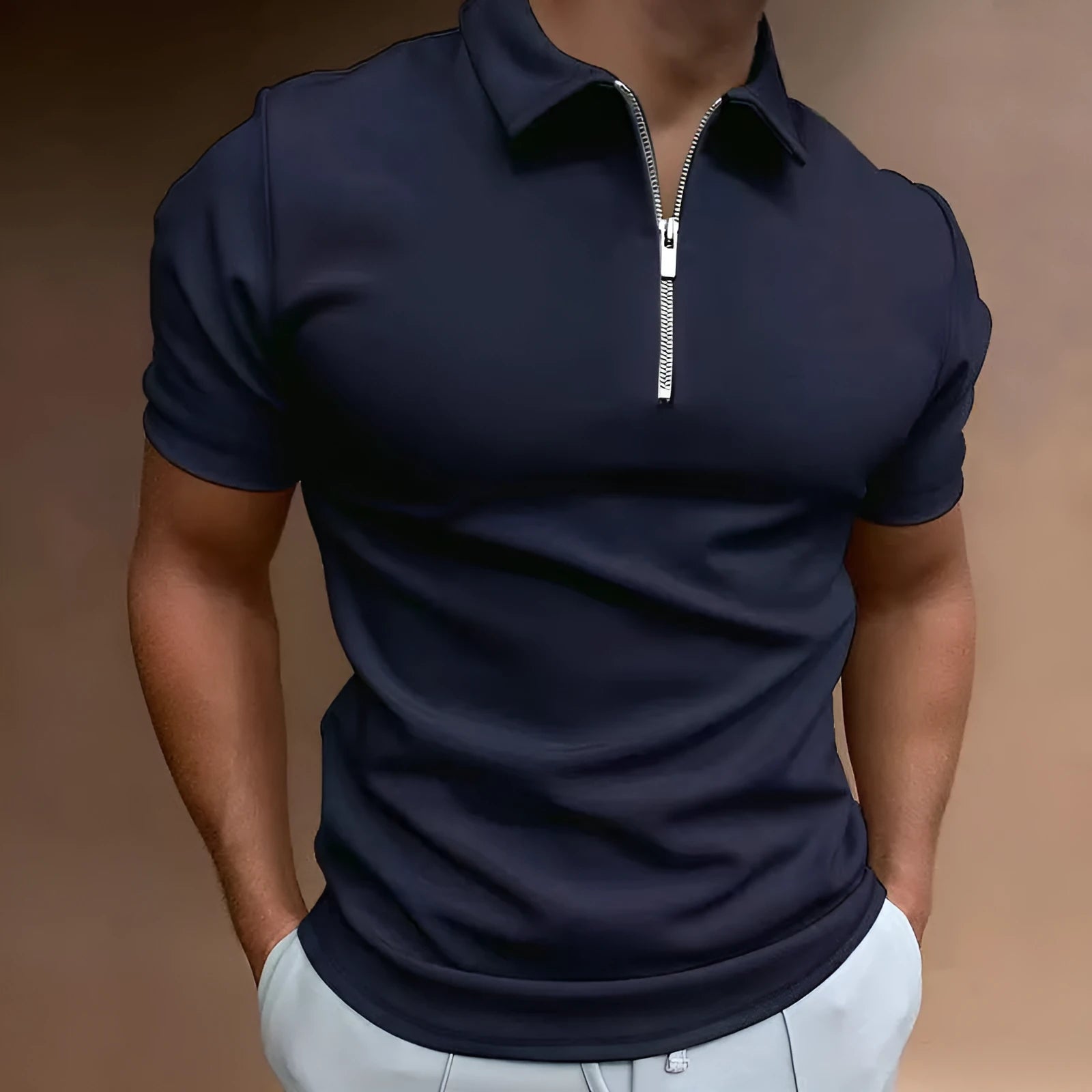 Man wearing a loose-fit navy blue polyester polo shirt for casual leisure wear