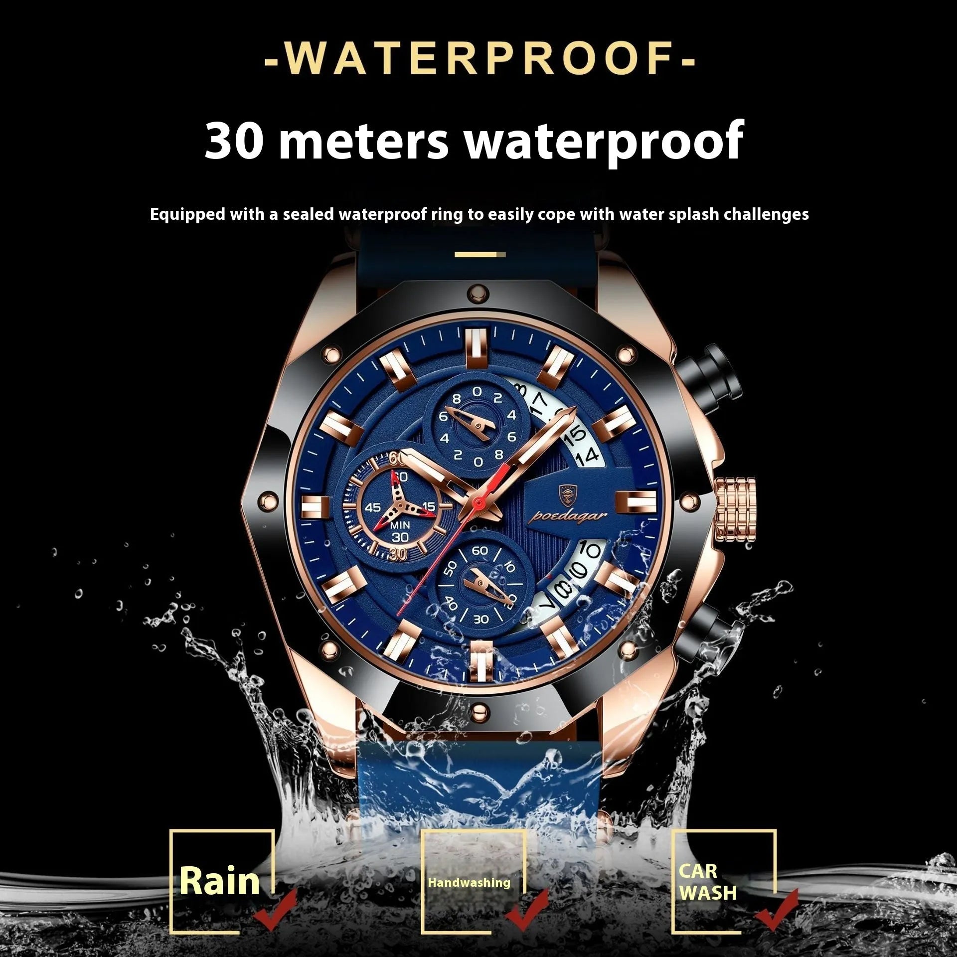 Men's chronograph watch with silicone band, diamond-shaped dial, and stainless steel buckle in multiple colour options