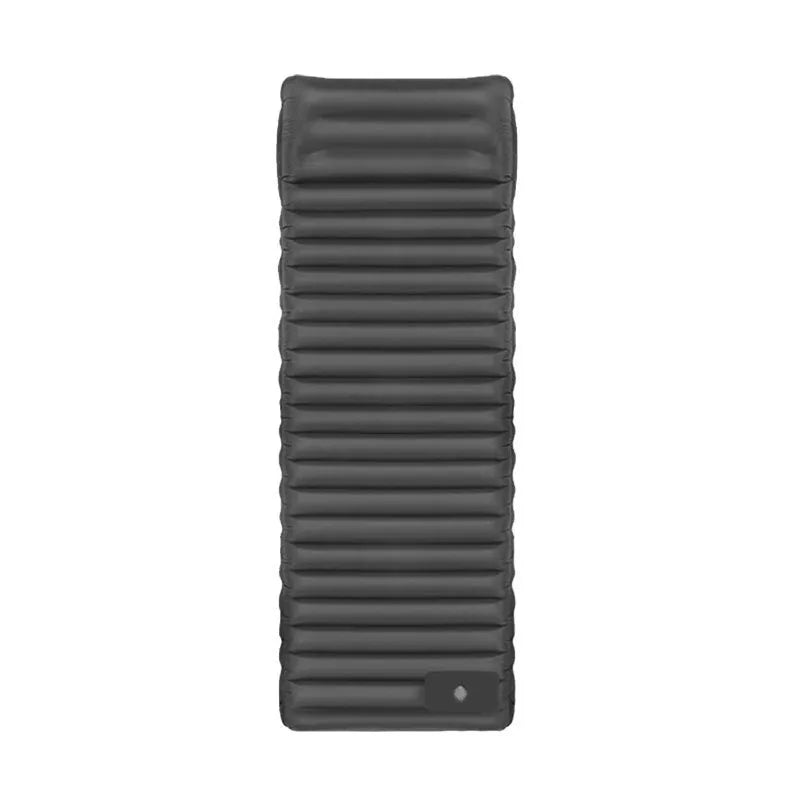 Single inflatable camping mattress in grey colours showing 195cm length and 70cm width dimensions