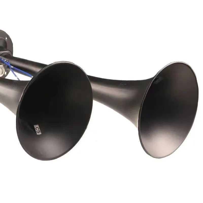 Black dual trumpet air horn and compressor kit for 12V and 24V vehicles